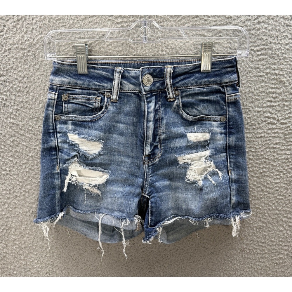 American Eagle Shorts Womens 2 Blue Hi Rise Shortie Cut Off Stretch Distressed